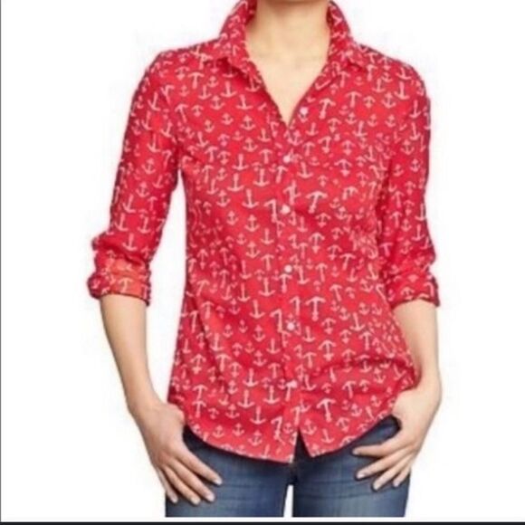 Old Navy Button-Up Red Anchor Print Collared Long Sleeves necklace included - Picture 2 of 11